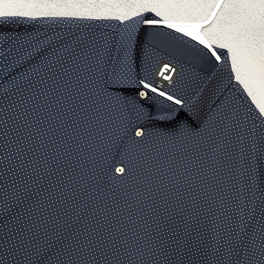 FootJoy Polo Shirt Mens XL Golf Performance Polka Dot Navy Blue Jersey Stretch